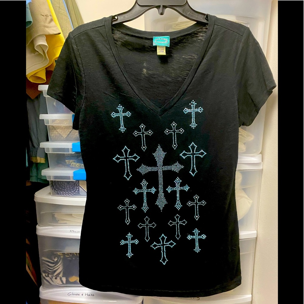 Black and Aqua blue studded cross tee
